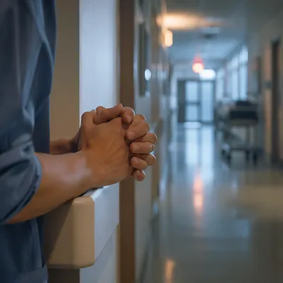 Nurse Hands Praying in Hospital Corridor