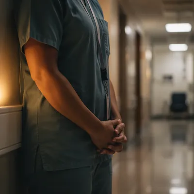 Nurse Praying in Quiet Hospital Corridor