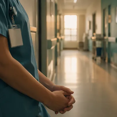 Nurse Hands Praying in Hospital Corridor