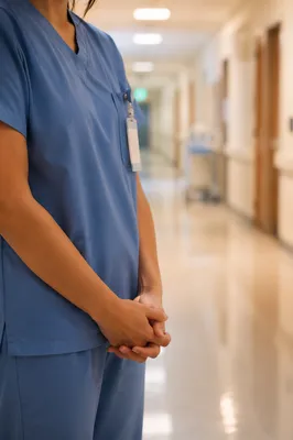 Nurse Hands Praying in Hospital Corridor