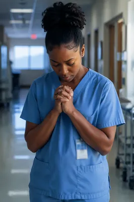 Nurse Praying in Quiet Hospital Corridor