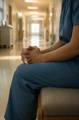 Praying Nurse Hands in Hospital Corridor