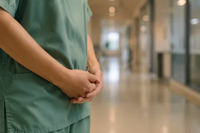 Praying Nurse Hands in Hospital Corridor