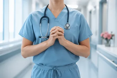 Praying Nurse in Peaceful Hospital Corridor