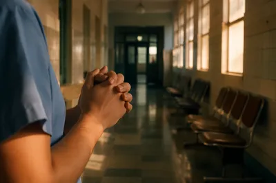 Praying Nurse Hands in Quiet Hospital Corridor