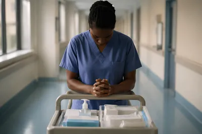 Praying Nurse Hands in Hospital Corridor