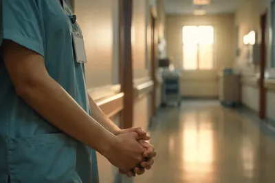 Nurse Hands Praying in Hospital Corridor