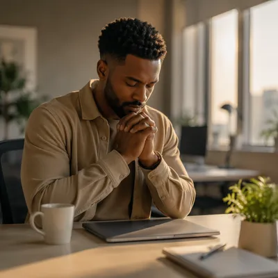 Young Office Worker Praying at Desk
