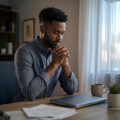 Young Office Worker Praying at Desk