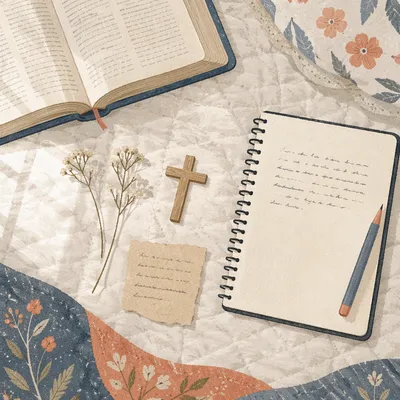 Open Notebook and Book on White Quilt