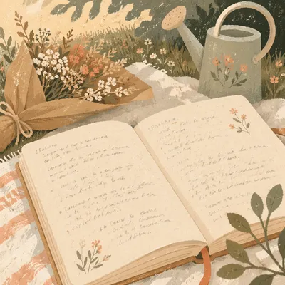 Open Notebook on Blanket with Dried Flowers