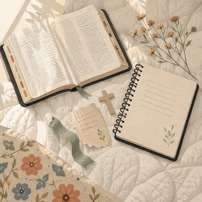 Quiet Scripture Journaling on White Quilt
