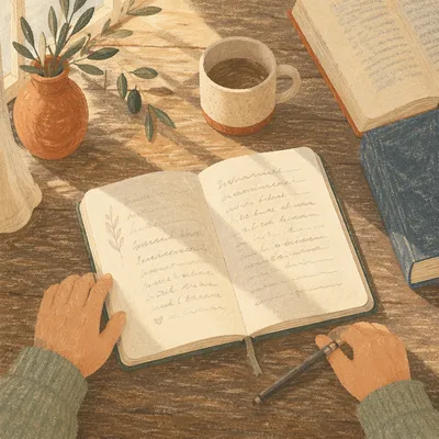 Open Notebook on Wooden Breakfast Table