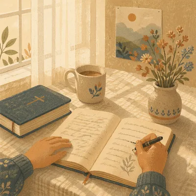 Morning Scripture Notebook on Linen Table