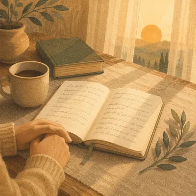 Morning Scripture Notebook on Linen Table