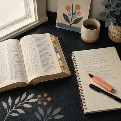 Open Bible and Notebook on Desk