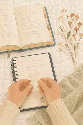 Open Notebook and Paper Cross Flat Lay