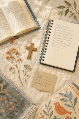 Open Notebook and Book on White Quilt