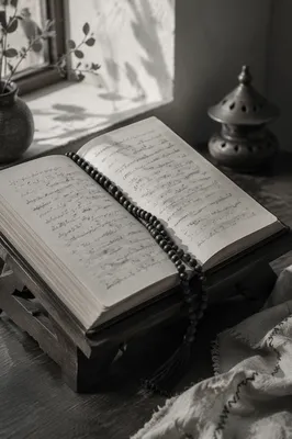 Open Notebook with Handwritten Scripture and Beads