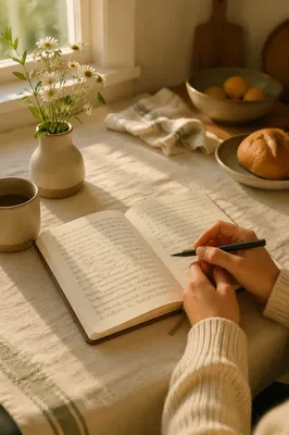 Open Notebook on Kitchen Table Morning