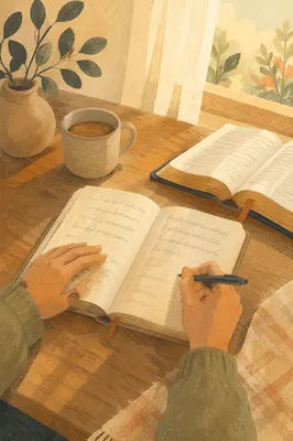 Morning Scripture Journal on Wooden Table