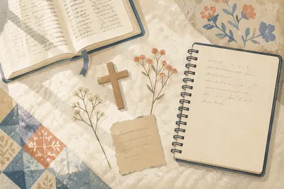 Open Notebook and Book on White Quilt