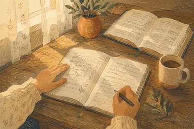 Morning Scripture Notebook on Wooden Table
