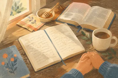 Morning Scripture Notes on Rustic Kitchen Table