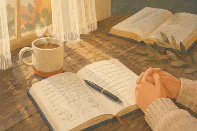 Morning Scripture Notebook on Oak Table