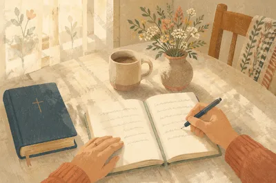 Morning Scripture Notebook on Breakfast Table
