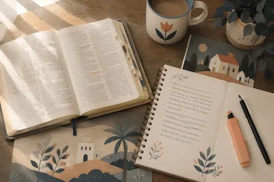 Open Book and Notebook Flat Lay