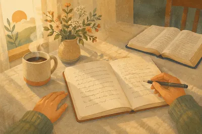 Open Notebook on Sunlit Kitchen Table