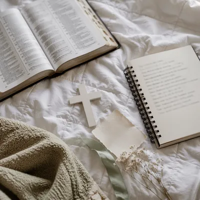 Peaceful Scripture Journaling on White Quilt