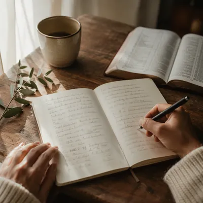 Morning Scripture Notes on Wooden Table