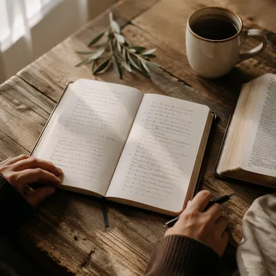 Morning Scripture Notebook on Wooden Table