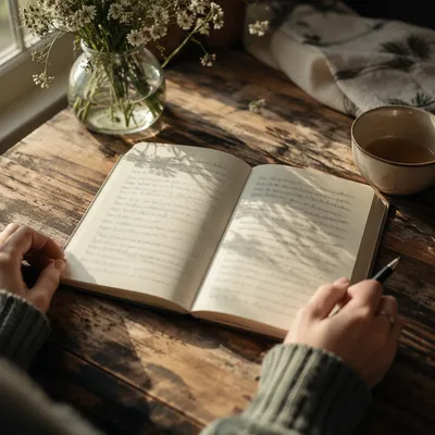 Morning Scripture Notebook on Wooden Table
