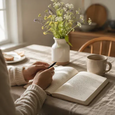 Open Notebook on Sunlit Kitchen Table