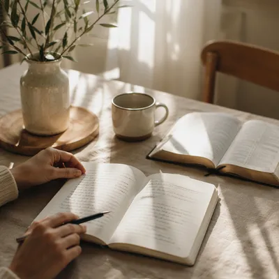 Morning Scripture Notebook on Linen Table