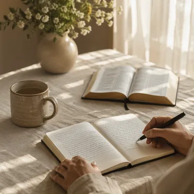 Morning Scripture Notes on Linen Table
