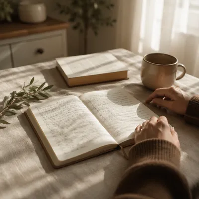 Morning Scripture Notebook on Linen Table