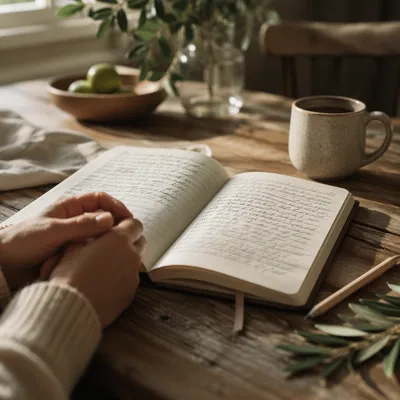 Morning Scripture Notebook on Rustic Table