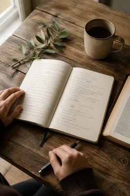 Open Notebook on Wooden Breakfast Table
