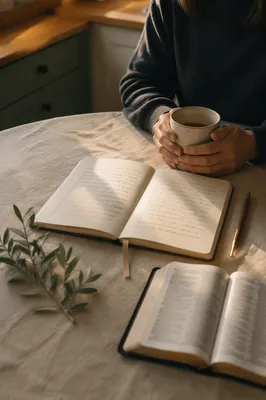 Morning Scripture Notes on Linen Table