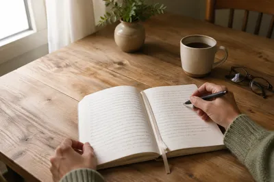 Morning Scripture Notebook on Wooden Table