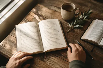 Morning Scripture Notebook on Wooden Table