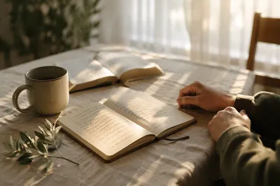 Open Notebook on Sunlit Kitchen Table