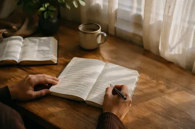 Morning Scripture Notes on Wooden Table