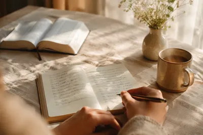 Morning Scripture Notebook on Linen Table