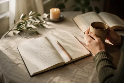 Open Notebook and Coffee on Table