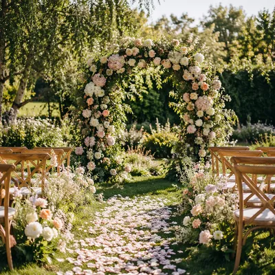 Sunny Garden Wedding Arch with Blooming Flowers